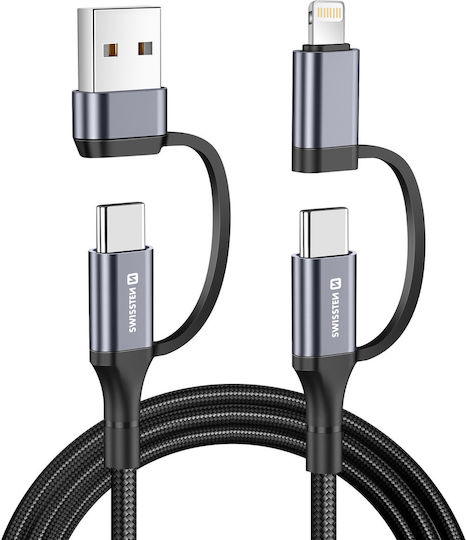 Swissten 4-in-1 Interchangeable Usb-c To Usb-a Lightning 60w 1.5m Cable Black