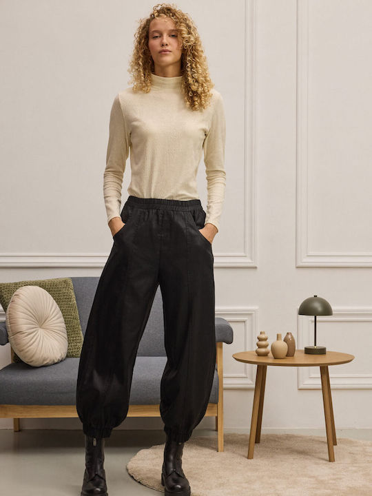 Women's High-waisted Fabric Trousers with Elastic Black