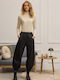 Women's High-waisted Fabric Trousers with Elastic Black