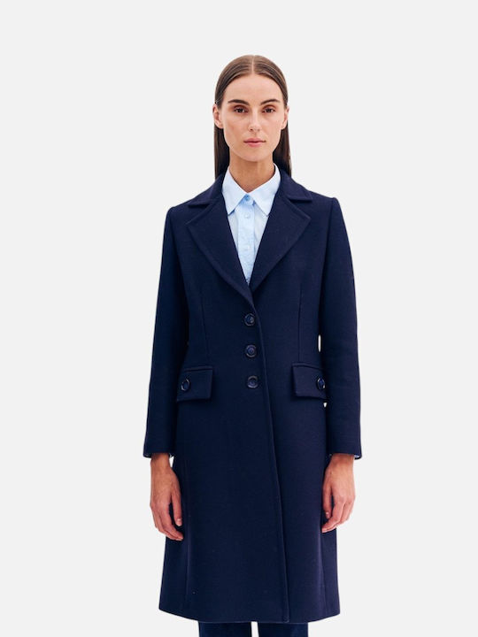 Blauer Damen-Wollmantel mit Knöpfen