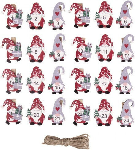 Set 24 Wooden Clothespins Santa Claus Gnomes Numbers Advent Calendar Cord