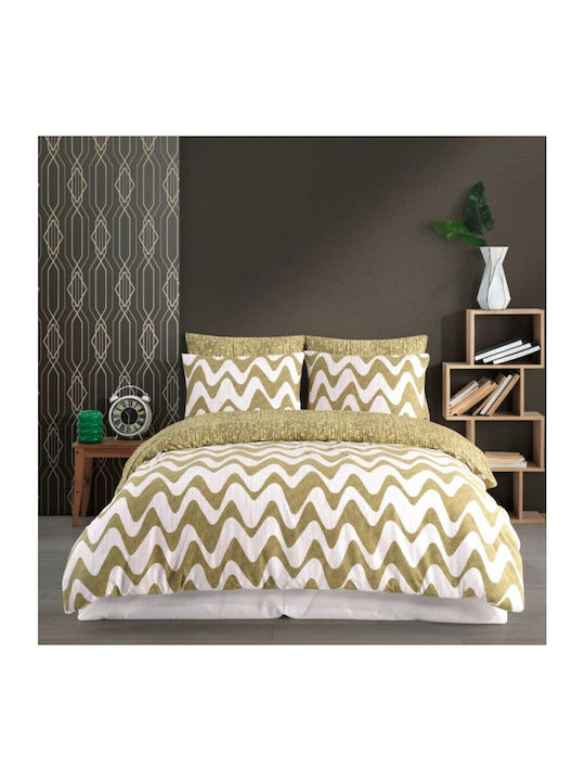 Majoli Bahar Set Husă de Pilotă Bumbac Dublă cu 2 Fețe de Pernă & 1 Cearsaf 200x220 Waves Verde