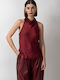 Women's Blouse Satin Sleeveless Drape Bordeaux