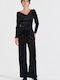 Damen Stoff Hose mit Gummizug in Geradem Schnitt Black