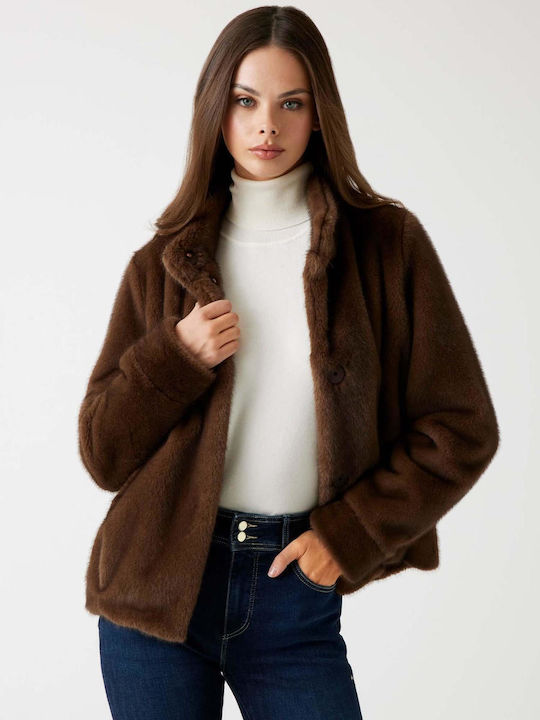 Women's Brown Coat with Fur Details