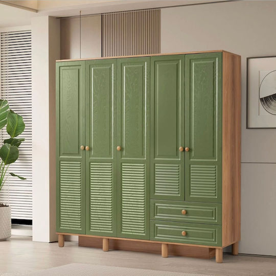 Holzgrüner Kleiderschrank 5 Türen 2 Schubladen 190x50x180cm