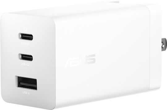 Asus Φορτιστής Χωρίς Καλώδιο GaN με Θύρα USB-A και 2 Θύρες USB-C 100W Power Delivery Λευκός (90XB09SN-BPW010)