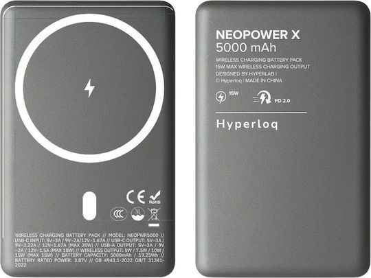 Hyperloq NeoPower X MagSafe 5000mAh 15W με Θύρα USB-A και Θύρα USB-C Γκρι