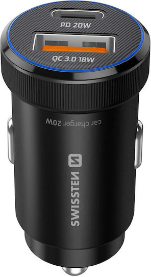 Swissten Handy-Autoladegerät Schnellladen 20w Usb-C Power Delivery Usb 3.0 Schwarz