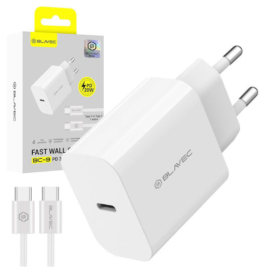 Blavec Ladegerät mit integriertem Kabel mit USB-C Anschluss USB-C - USB-C 20W Stromlieferung / Schnellaufladung 3.0 Weißs (BC-9)