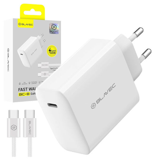 Blavec GaN с USB-C порт и кабел USB-C - USB-C 65W Power Delivery / Quick Charge 3.0 / Quick Charge 4+ Бял (BC-8)