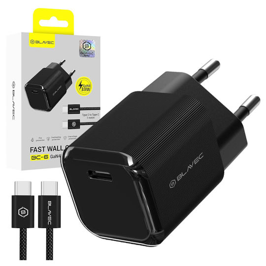 Blavec GaN с USB-C порт и кабел USB-C - USB-C 33W Power Delivery / Quick Charge 3.0 / Quick Charge 4+ Черен (BC-6)
