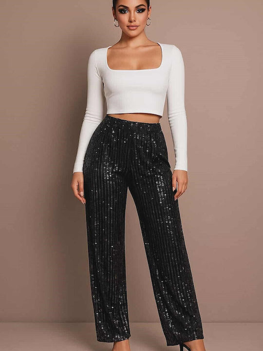 Women's Fabric Trousers with Elastic Black with Sequins