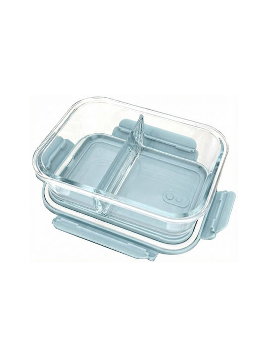 Aj Glass Lunch Box 2 Compartments Transparent Blue Lid & Airtight Closure 1000ml