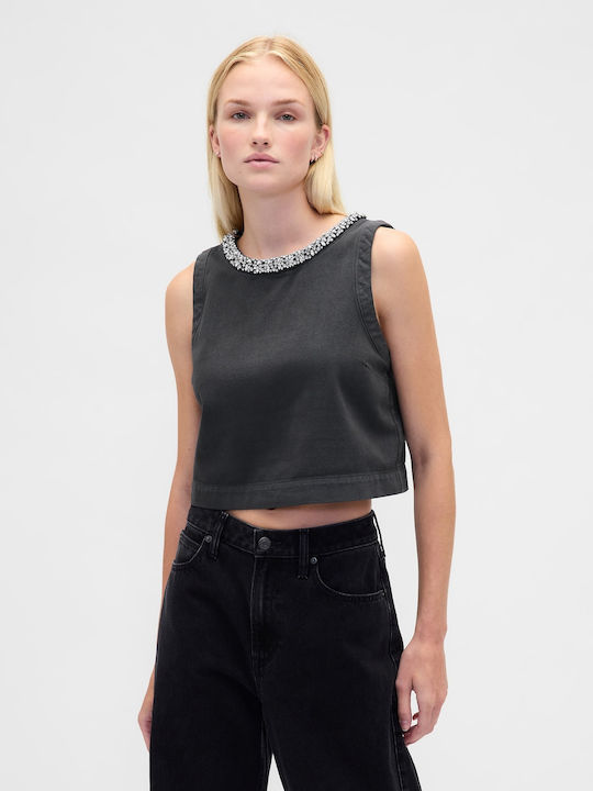 Γυναικείο Crop Top Βαμβακερό Αμάνικο με Φερμουάρ Black