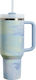 Rolinger Thermosflasche Rostfreier Stahl / Kunststoff 1,2l Hellblau mit Stroh und Handgriff