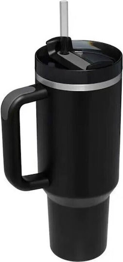 Handled Tumbler Thermos Bottle Stainless Steel Plastic 1.2lt Black With Straw And Handle