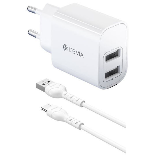 Devia Charger with 2 USB-A Ports and Cable USB-C 12W Whites (RLC-342)