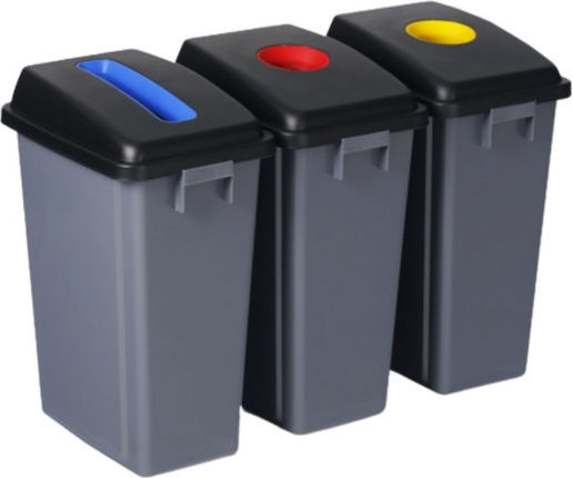 Triple Set of Recycling Waste Bins 3x60 Liters Gray Black Lid 98913 3 Pieces