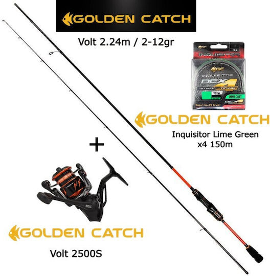 Golden Catch Fishing Rod for with Reel 2.24m 12gr + Golden Catch Volt 2500S + Golden Catch Inquisitor Lime Green x4