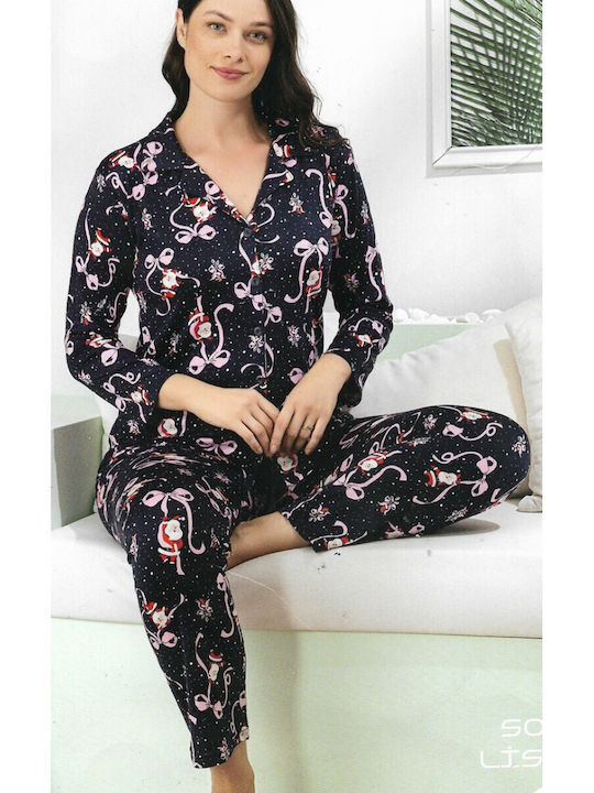 Miss Lale Winter Women's Cotton Pyjama Set Dark Blue