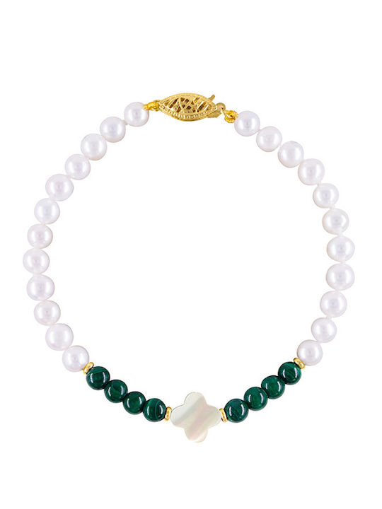Bracelet 14K Gold Clasp White Pearls Malachite V126774