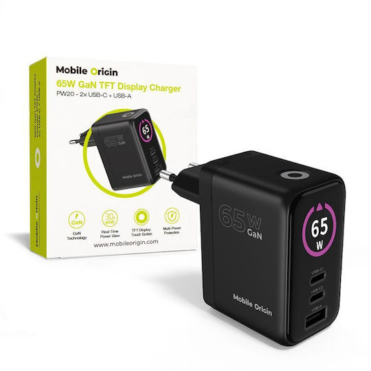 Mobile Origin Φορτιστής Χωρίς Καλώδιο GaN με Θύρα USB-A και 2 Θύρες USB-C 65W Power Delivery Μαύρος