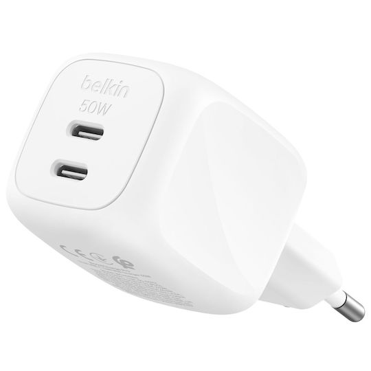 Belkin Mobile Phone Charger Without Cable with 2 USB-C Output Ports and USB-C Cable 50W Power Delivery White
