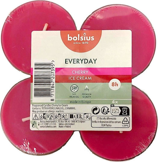 Bolsius Everyday Tealights With Cherry Ice Cream Scent In Burgundy Colour Up To 8 Hours Duration 4 Pieces