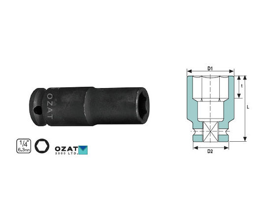 1/4'' 6-point Impact Socket Head 8 Mm Long