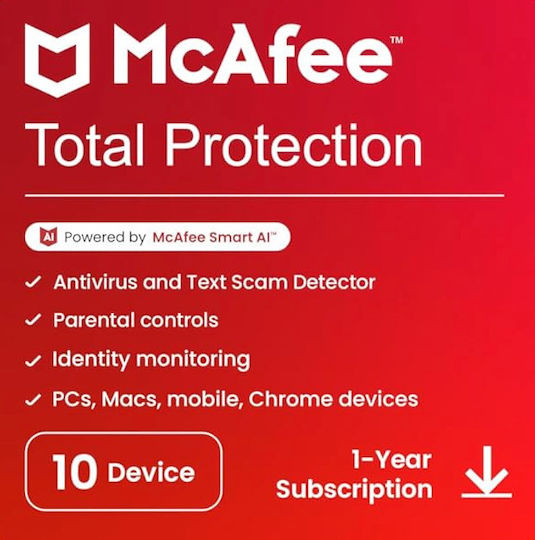 McAfee Total Protection 2025 за 10 устройства и 1 година използване (Електронно разрешение)