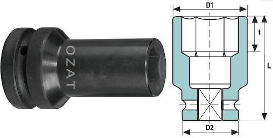 1'' Impact Socket Head 6 Sides Thin Walls Length 1.5/8''