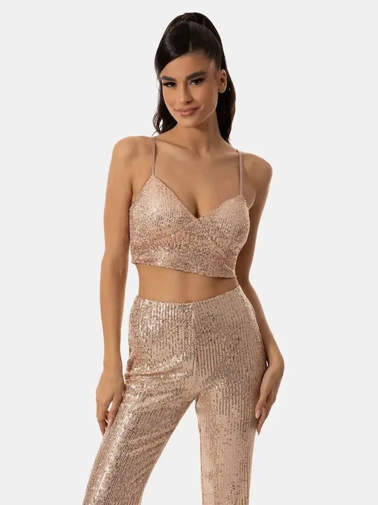 Crop Топ с Тънки Презрамки Пайети Златист Размер One Size