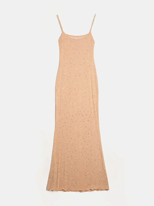 Φόρεμα Maxi See Through Τιράντες Strass Μπεζ Μέ...