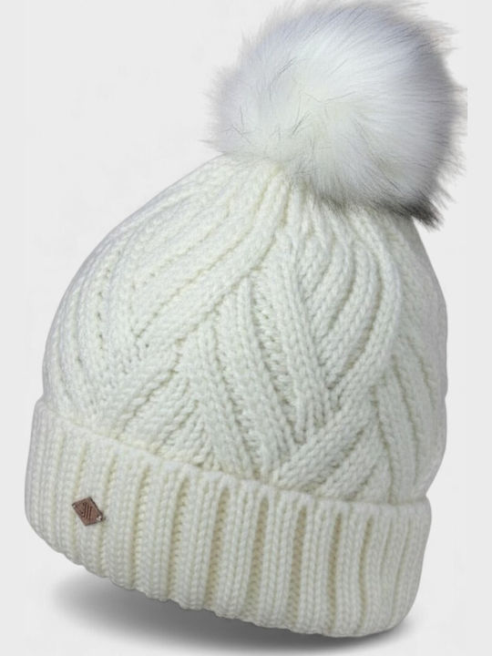 Pom Pom Beanie Beanie Knitted in Ecru color