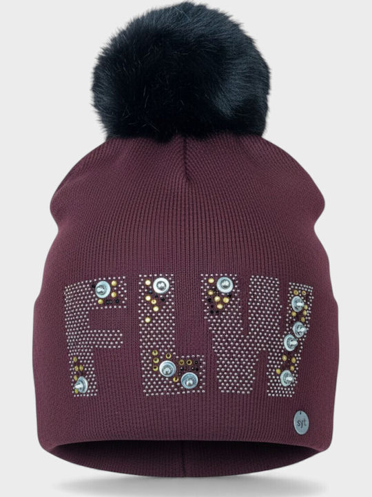 Pom Pom Beanie Beanie Knitted in Burgundy color
