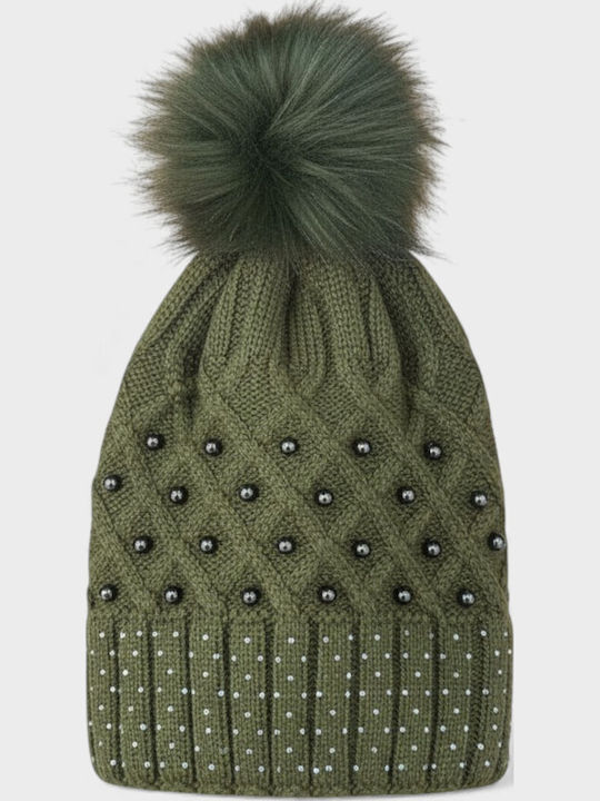 Pom Pom Beanie Beanie Knitted in Khaki color
