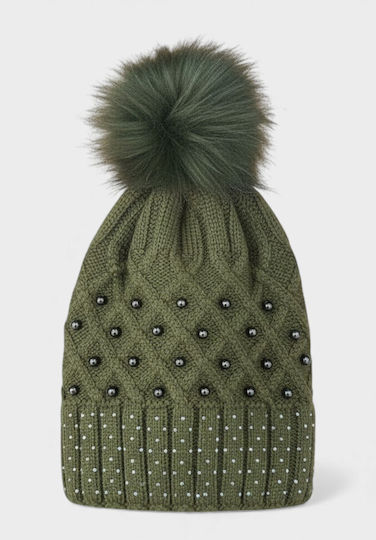 Pom Pom Beanie Γυναικείος Σκούφος Πλεκτός σε Χακί χρώμα