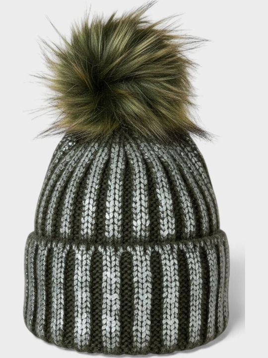 Pom Pom Beanie Γυναικείος Σκούφος Πλεκτός σε Χακί χρώμα