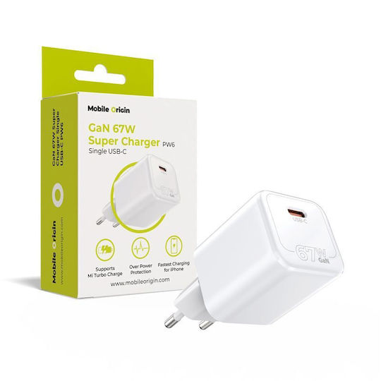 Mobile Origin Φορτιστής Χωρίς Καλώδιο GaN με Θύρα USB-C 67W Power Delivery Λευκός (MO-67W-PW6)