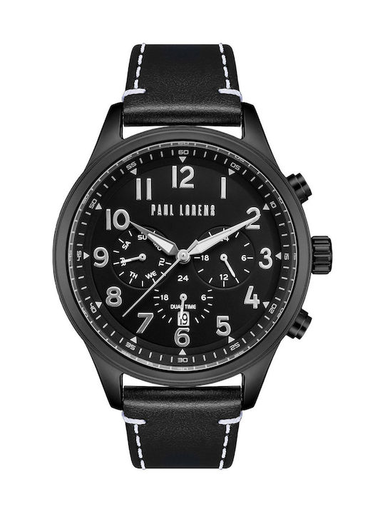Paul Lorens Мъжки Часовник 46mm На Батерия с Черна Кожена Каишка