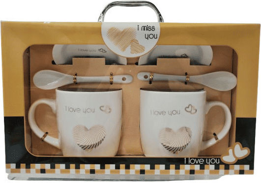 FDS Set of 2 Mugs with Spoon, Saucer, Gift Box I Love You 811122b 330ml White-Gold