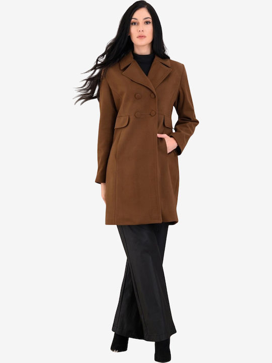Derpouli Women's Brown Peacoat with Buttons