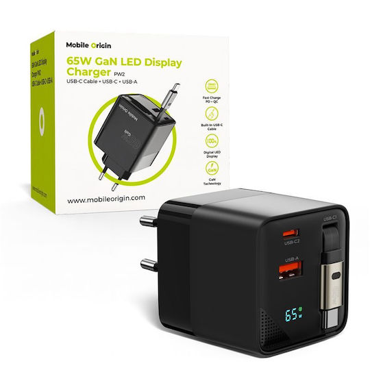 Mobile Origin Charger with Built-in Cable GaN with USB-A Port and USB-C Port USB-C 65W Power Delivery Blacks (MO-65WDCH-PW2)