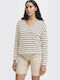 Damen Langarm Pullover mit V-Ausschnitt Gestreift Ecru