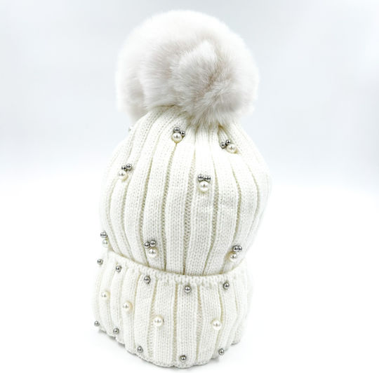 Pom Pom Beanie Women's Fleece Knitted Beanie in White Color