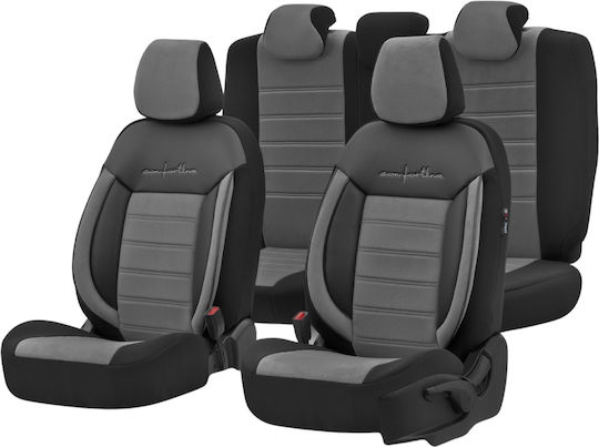 Комплект Калъфи За Автомобилни Седалки Otom Comfortline Design Universal Плат Sued Изкуствена Кожа Предни Задни 11 Броя Черен Сив