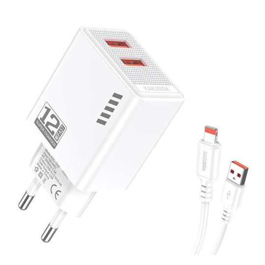 Kakusiga Φορτιστής με 2 Θύρες USB-A και Καλώδιο Lightning 12W Λευκός (KSC-1238)
