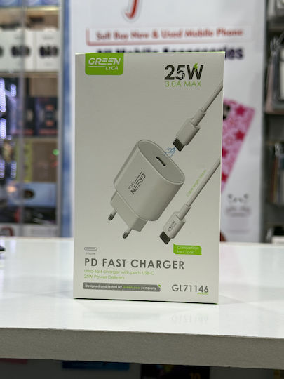 Green Lyca Зарядно Устройство Без Кабел с USB-C Порт и USB-C - USB-C Кабел 25W Power Delivery Бял (GL71146)