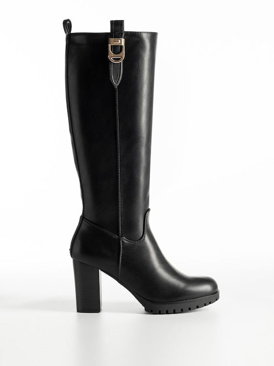 Synthetic Leather High Heel Women's Boots with Zipper Black